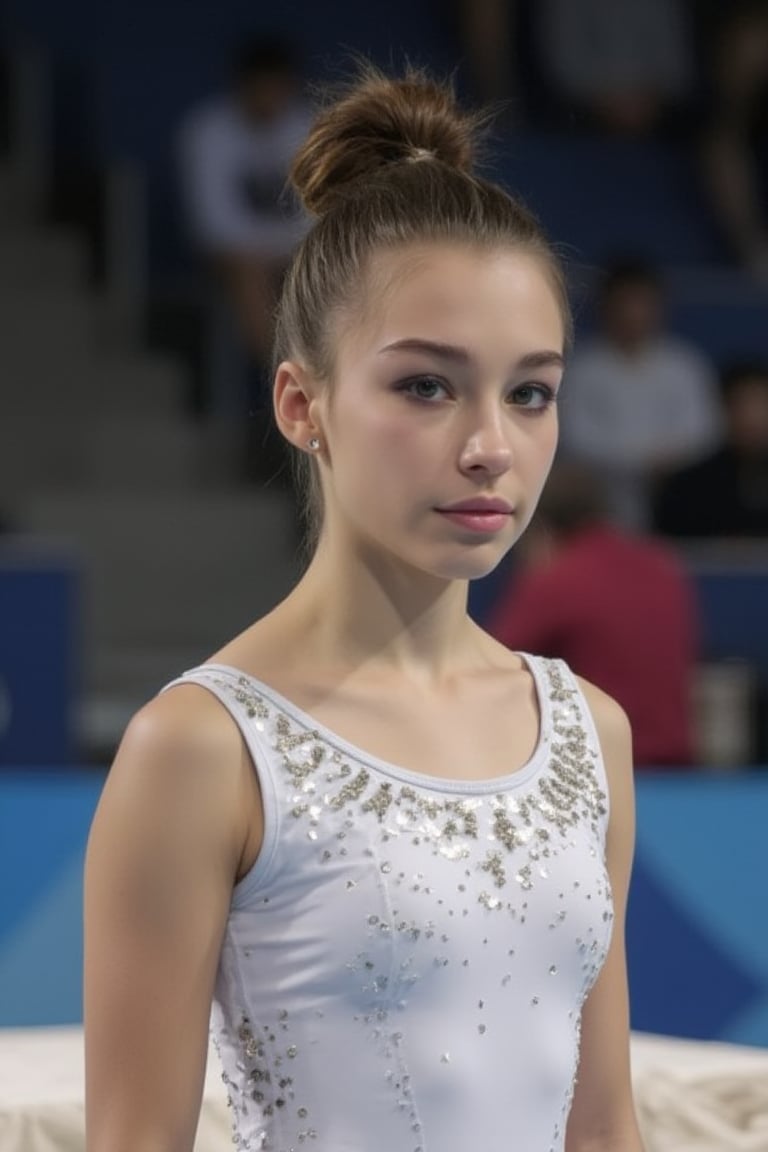 A  photograph of evamos wearing white gymnastics uniform, in an olympics event. Petite, skinny. Foreground. 