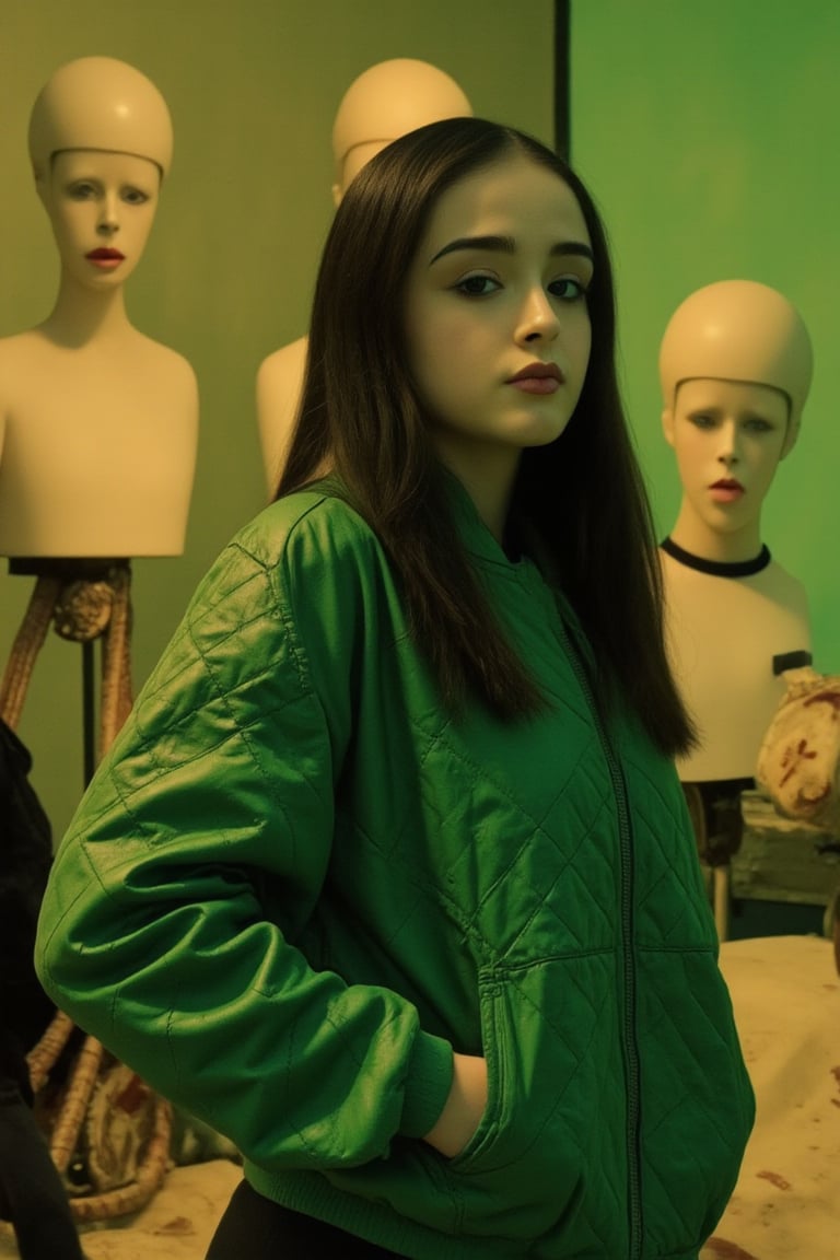 A ghostly picture unfolds before you: johaneli, black hair, solemn gaze fixed on the camera, wearing an emerald green leather bomber jacket decorated with intricate square geometric patterns. She stands resolutely against a blurry green background of white mannequin heads whose faces are frozen in stoic silence. The warm golden light from above and subtle cold side lighting create an atmosphere of contemplation, while the shallow depth of field and grainy film grain evoke a sense of dreamy unease. Surrealism