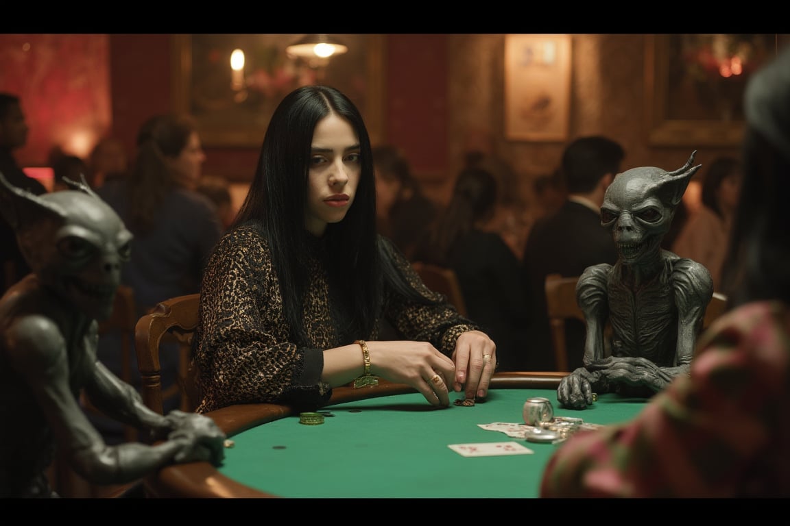 Ultra realistic analog photo, depth of field, cinematic movie still, Billie Eilish (black hair) playing poker with small grey big-headed aliens who are drinking cans of beer in an old dark village bar. Like the piece Dogs playing poker by Cassius Marcellus Coolidge