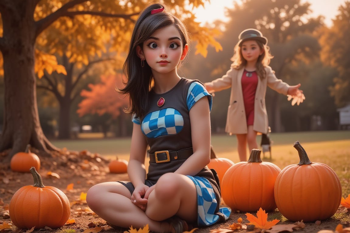 A woman (johaneli, black hair, ponytail) wearing a pin-up dress with blue and white squares, she is sitting on a pumpkin and is surrounded by pumpkins of all the sizes, big pumpkins, small pumpkins. Warm colors, golden hour, autumnal, halloween is coming, illustrated, there is a scarecrow in background, bokeh, depth of the field. 