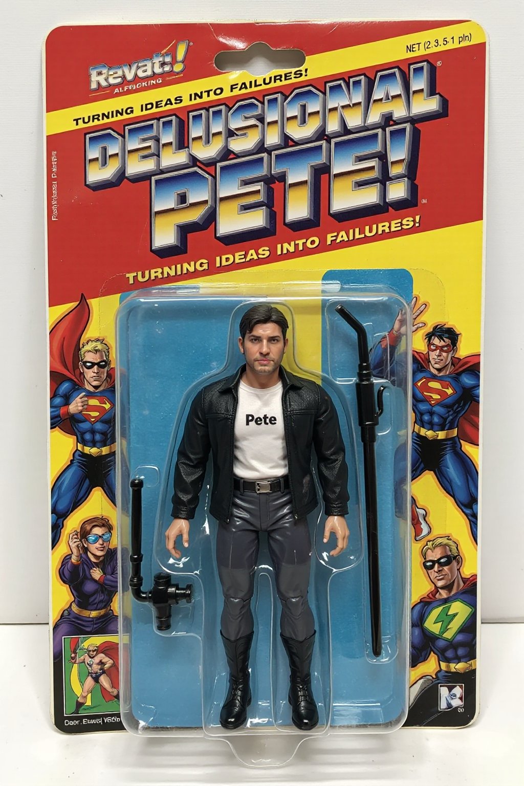 An unopened action figure package featuring "Delusional Pete" a superhero (psmoguel) who has the power to turn ideas on failures. The action figure stands proudly in the package, wearing a black jacket and white shirt with the word "Pete" on his chest. The packaging is colorful and bold, with comic-style illustrations of "Delusional Pete" in action on the sides. The name "Delusional Pete" is written in big, bold, metallic letters at the top, with the tagline "Turning ideas into failures!" above. The background inside the package is a cityscape, reinforcing the superhero theme with a ral-afpacking logo at the top-left corner. 