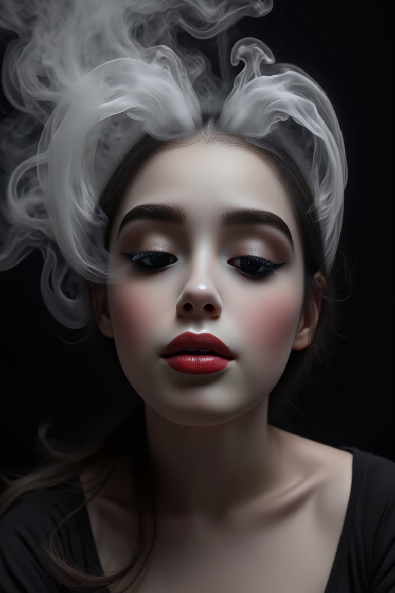 black and white image, midshot of a woman, (red lips only), billowing grey smoke completely surrounding her, the smoke turns in the shape of a heart and pose in her hair, black hair floating with the smoke, (((heart made only of smoke))). (johaneli),smoke visualization