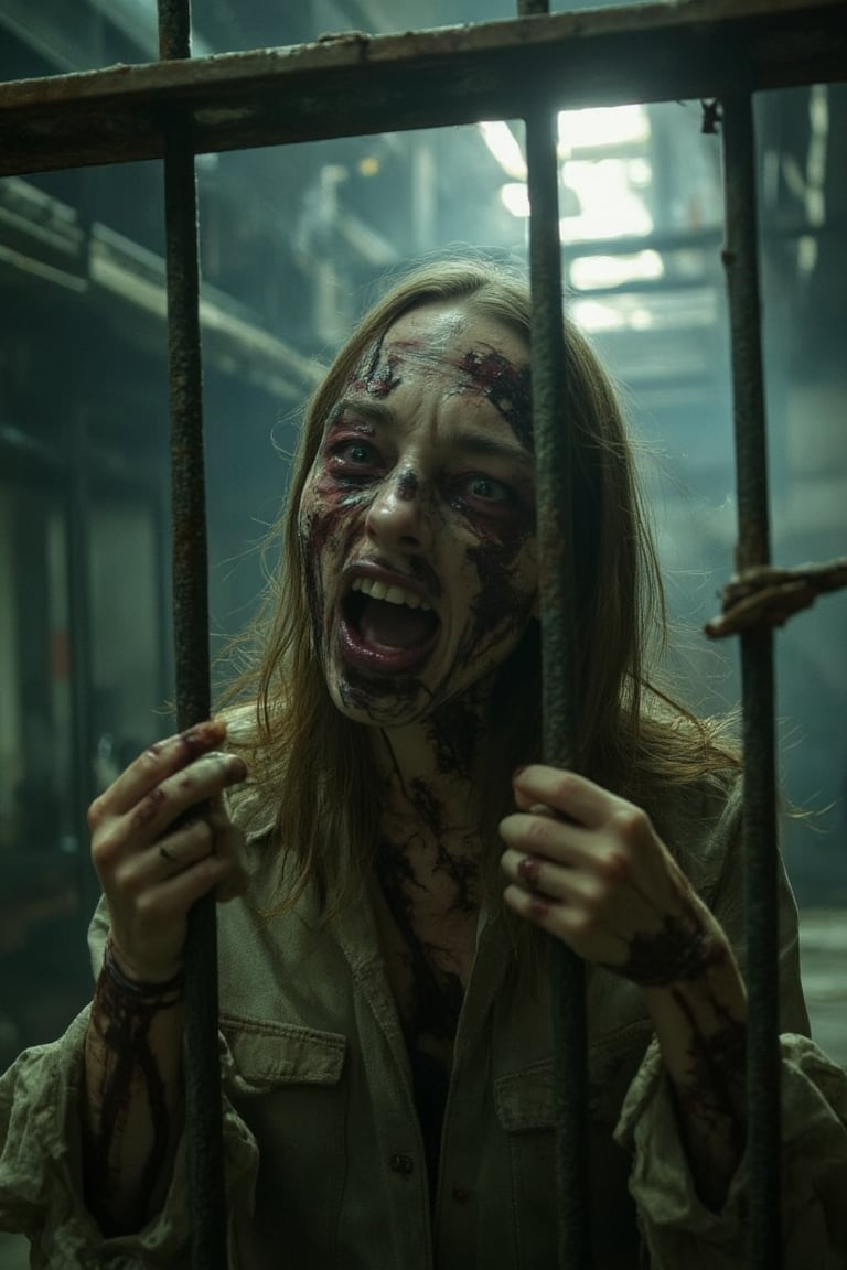 A DSLR-quality, highly detailed photo of a rotting woman zombie (evamos) standing behind prison bars, pulling on the bars and screaming. The zombie is grotesque, with decaying flesh and tattered clothing. The dirty old prison background features rusted iron bars and a grim, iron maiden-style setting. The composition captures the zombie's desperate struggle, with the bars framing its distorted face. Cinematic lighting creates dramatic shadows and highlights, enhancing the eerie atmosphere. Beautiful atmospheric light filters through the bars, adding a surreal, haunting quality to the scene.