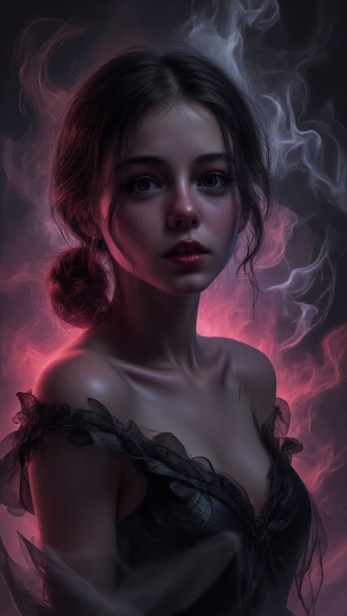 In this cinematic masterpiece, a phantasmagorical woman's silhouette materializes against a backdrop of black on white smoke layers, bathed in vibrant neon glow. Her anime-inspired portrait radiates sadness and menace, with intricately detailed features that seem to leap from the canvas. Her eyes, pools of crystal clear clarity, convey depth of sorrow and calculation. Finely detailed, ultra-detailed, high-res, absurdly resolute, her cute delicate face is framed by cinematic lighting, casting a best shadow. Beautifully detailed nose complete the portrait. The air thick with horror and nightmare fuel as this sadistic woman's form seems to writhe in agony, her existence a testament to blurred lines between sci-fi fantasy and darkest reality.,gilliany