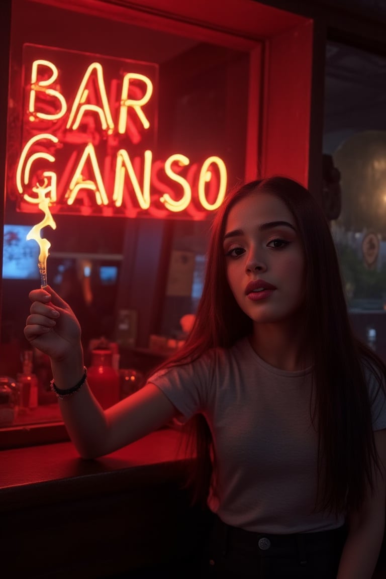 A very beautiful woman (johaneli, black hair) is pointing at the viewer, pointing at a large neon sign that says "Bar Ganso". The background is dark gothic with dark tones in a Japanese style. Detailed texture, high quality, high resolution, high precision, realism, color correction, good lighting settings, harmonious composition, Behance work, watercolor,ct-kjbp, , as huge fire crackles from her hand,