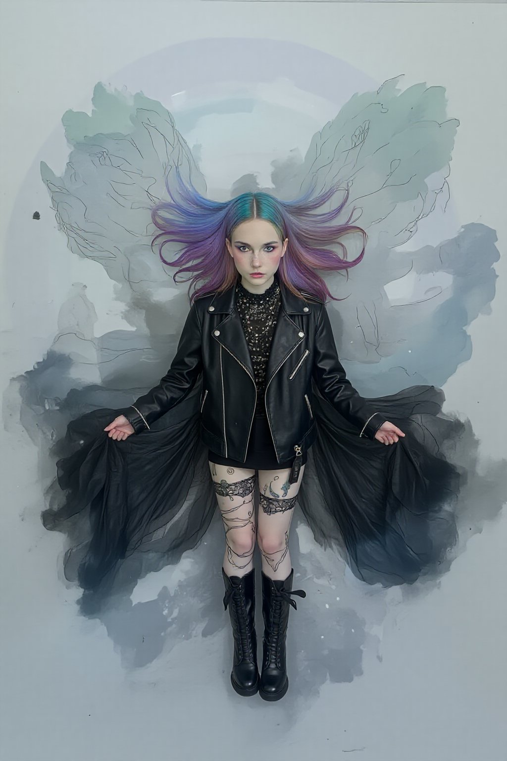 Dreamy art. Overhead shot of evamos in Black Cyberpunk leather jacket and boots, She has rainbow color hair. surrounded by a misty color palette of translucent blues, pale grays, and ethereal silvers, contrasting with hints of faded lavender and soft ghost green, incorporating indie fashion with flowing, otherworldly fabrics and vintage lace details.