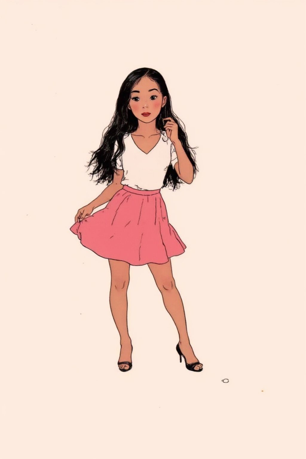 Titin style cartoon of johaneli, black hair, wearing a white top, pink skirt and black heels. Simple background.