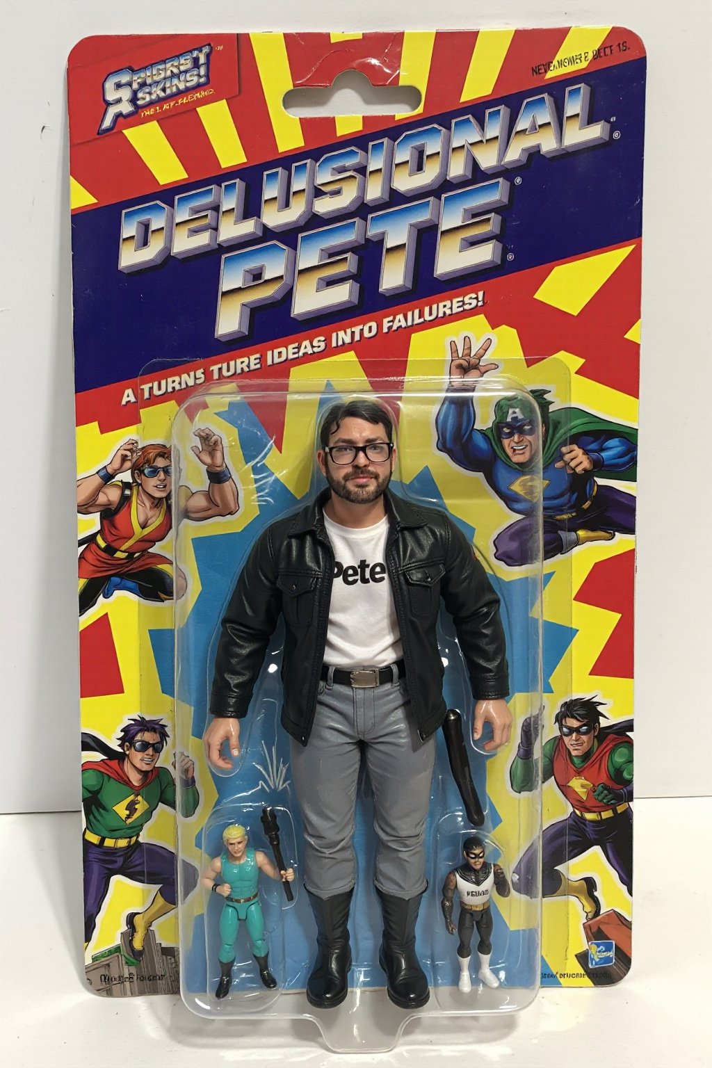 An unopened action figure package featuring "Delusional Pete" a superhero (psmoguel) who has the power to turn ideas on failures. The action figure stands proudly in the package, wearing glasses, wearing a black jacket and white shirt with the word "Pete" on his chest. The packaging is colorful and bold, with comic-style illustrations of "Delusional Pete" in action on the sides. The name "Delusional Pete" is written in big, bold, metallic letters at the top, with the tagline "Turning ideas into failures!" above. The background inside the package is a cityscape, reinforcing the superhero theme with a ral-afpacking logo at the top-left corner. 