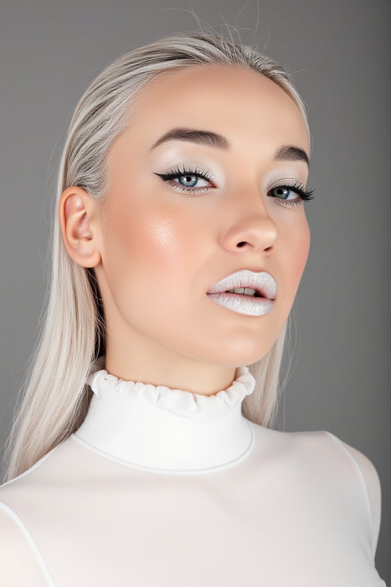 (Best quality, 8k, 32k, Masterpiece, UHD:1.2), portrait of a gorgeous natmar, posing for a fashion magazine white gloss lipstick, wearing a white turtleneck couture dress, white lipstick , ((Fancy white make up, white eyeshadow, long fancy eyeliner,)) face glitter, (platinum dyed straight hair), and attractive features, looking at viewer, eyes, eyelid, leashes, eyes contact, focus, depth of field, film grain, serious, ray tracing, sunset, ((contrast lipstick)), detailed natural real skin texture, perfect straight platinum dyed hairstyle ,visible skin pores, anatomically correct