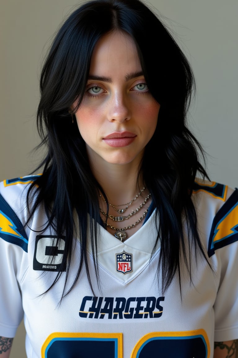  This image is a highly detailed, realistic portrait photography of Billie Eilish (woman, black hair), (medium shot), wearing a Los Angeles Chargers jersey.