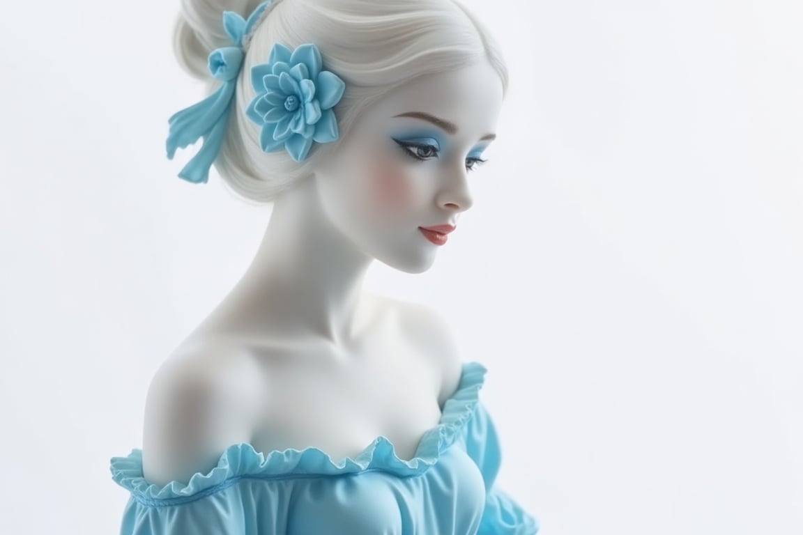 ((Close up)) A stunning model, in the style of delicate porcelain sculpting, elegant figure, timeless fashion, exquisite, flowing forms, pastel-toned toning, white background,johaneli,Blue and white porcelain style (headshot)