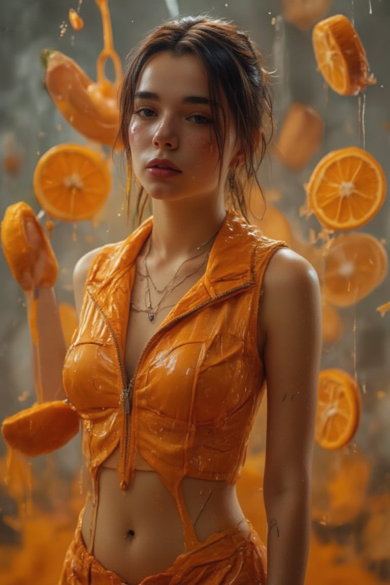 upper body shot, art, young girl (babychola), liquid suit, closed eyes, look up,surreal orange juice, orange juice diffusion, epic composition, splashes, coolant flowing around, npl