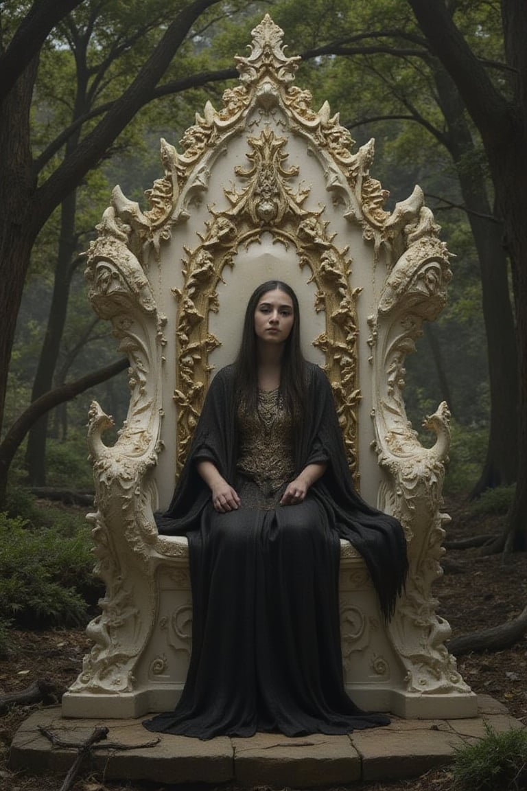 Galadriel sat on her beautiful ivory throne in a forest fortress, cloak, long black hair, small delicate elven ears, elven features, slender and poised, johaneli

Fantasy Art Style, Middle Earth Concept Art, Lord of the Rings art design, high details, incredible detail, intricate details, Fantasy detailers, Skaven