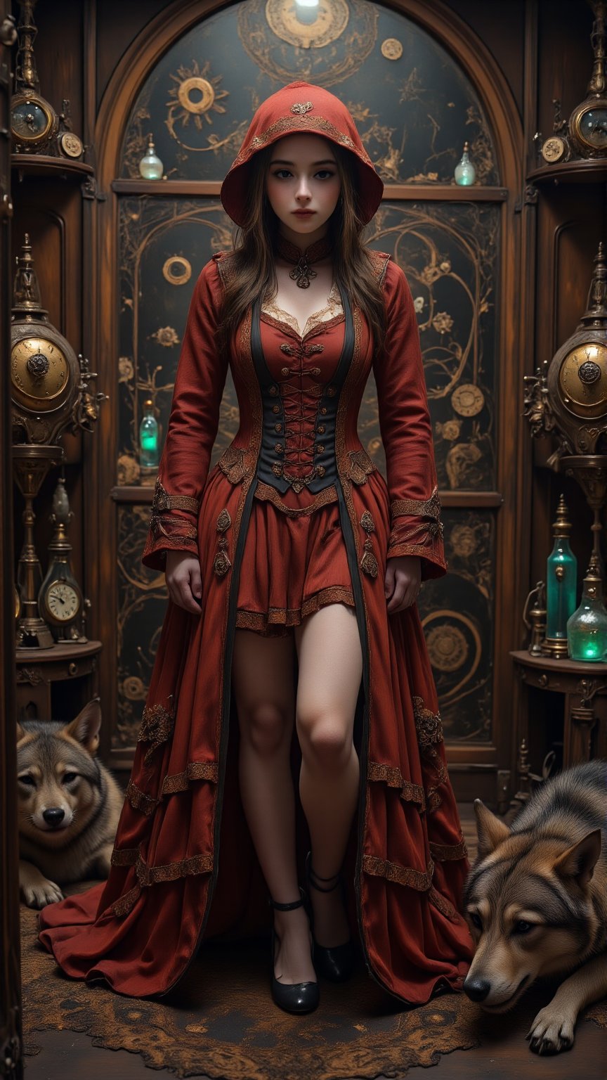 "Little Red Riding Hood in a dark steampunk laboratory, dressed in (gothic Lolita attire), red hood trimmed with lace, brass gears and steam pipes surrounding her, dim lighting with glowing green potion vials, (intricate detailing) on her Victorian-style gown, clockwork wolves lying in the shadows, golden light casting eerie shadows, dramatic angles, anime-inspired design, ((highly detailed)), high contrast, vibrant tones",zahan,Cosplay .,Enhanced all,emoart,Steampunk Apparel johaneli, black hair