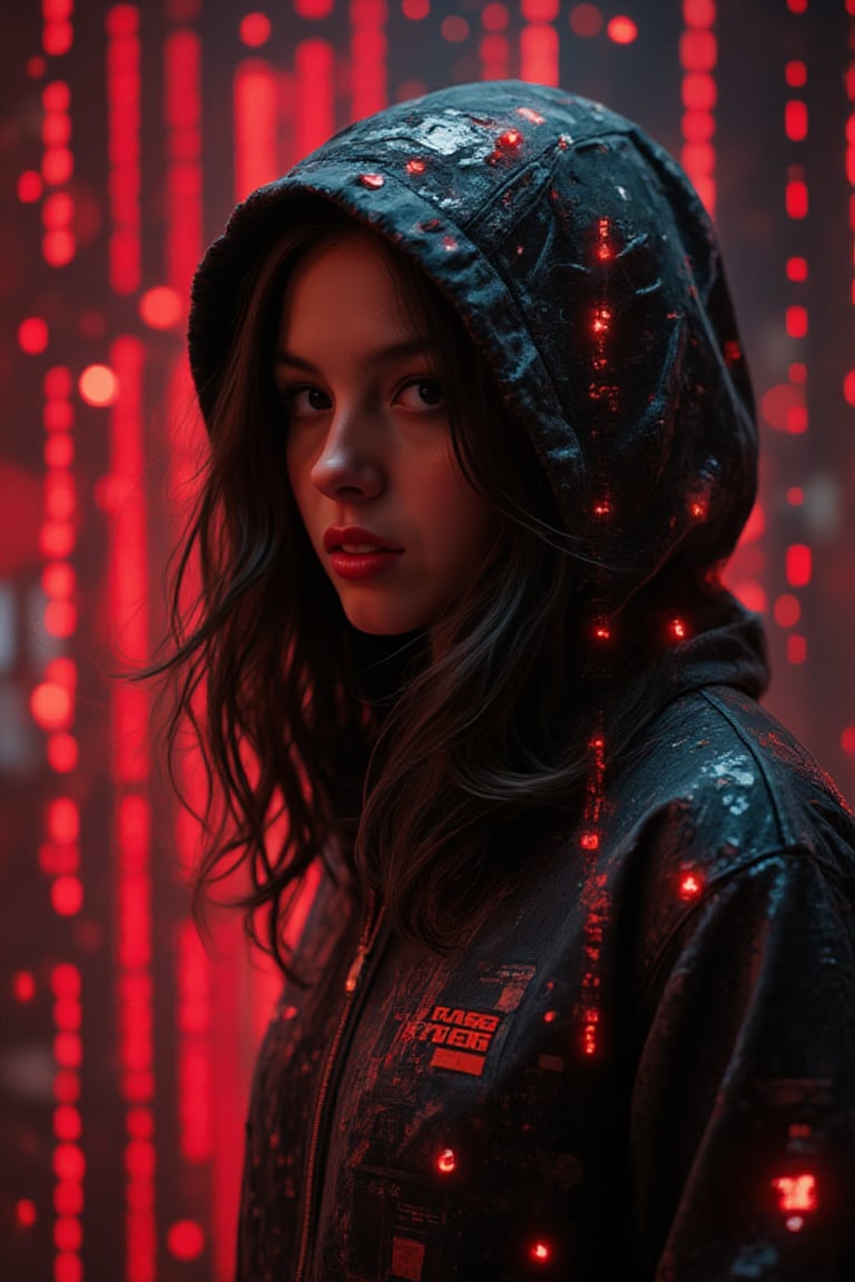 Photorealistic photography of a cyberpunk hacker, a female hooded figure with black hair, surrounded by floating red digital code, disintegrated by the red digital binary code in a dark, futuristic setting,PatternMix,FluxBoost,olirod