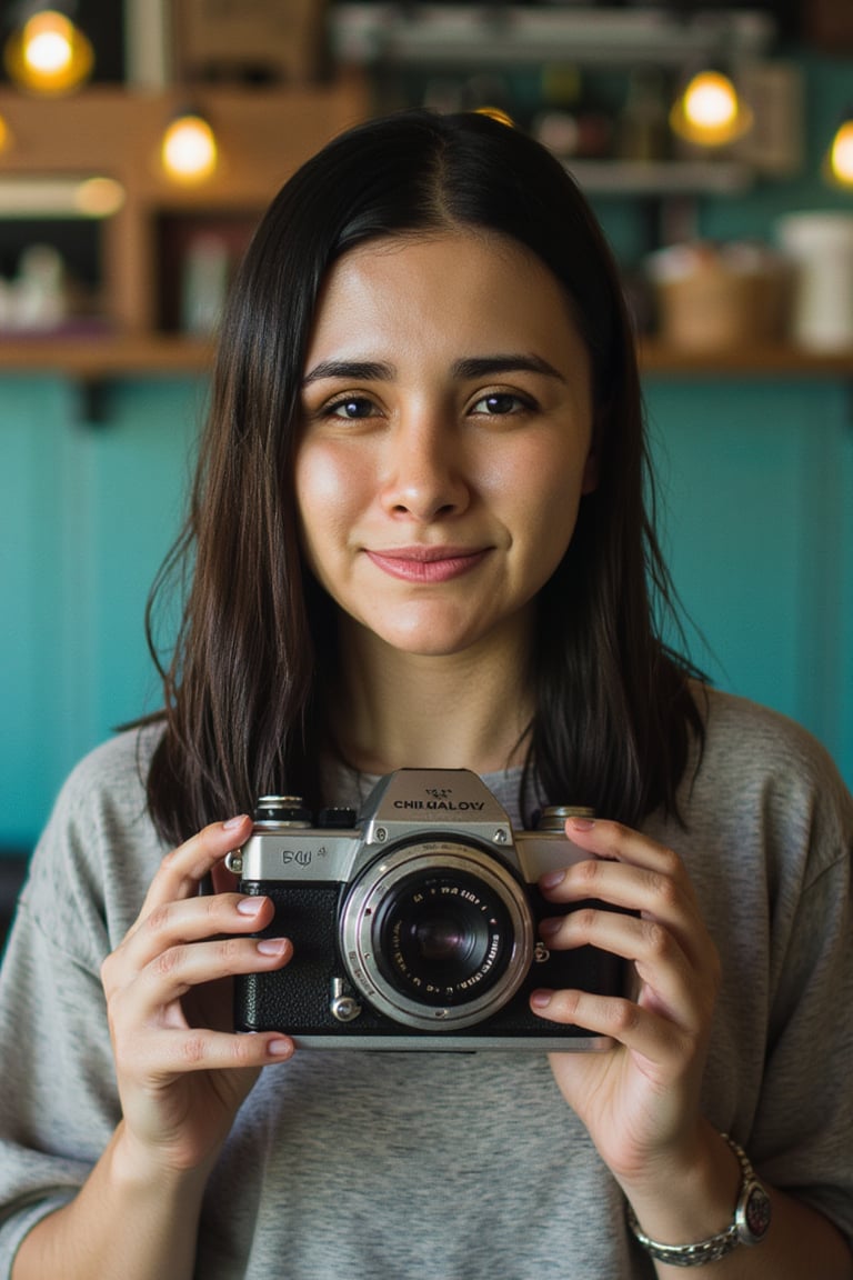 a teenage girl with old vintage camera, hold in cafe shop, cyan color shop wall, analoguehanx83, emely, black hair