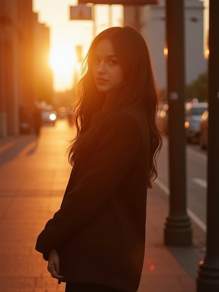 A beautiful and cute olirod, black hair, schoolgirl, wearing schoolgirl suit, standing and waiting for the bus on bust station, city street, side view, evening time, backlight sunset,
her silhouette illuminated by a warm backlight. The hot light from behind creates a soft, golden glow around her figure, highlighting the curves of her body in a delicate and sensual manner. hyper realistic, ultra sharp focus, distance photo taken, taken with Sony 24mm f/2.8 lens,

(masterpiece:1.3), (8k, photorealistic, RAW photo, best quality: 1.4), (1girl), beautiful face, (realistic face), beautiful hairstyle, realistic eyes, beautiful detailed eyes, (realistic skin), beautiful skin, clean skin, ultra high res, ultra realistic, hightly detailed, golden ratio, K_GIRL