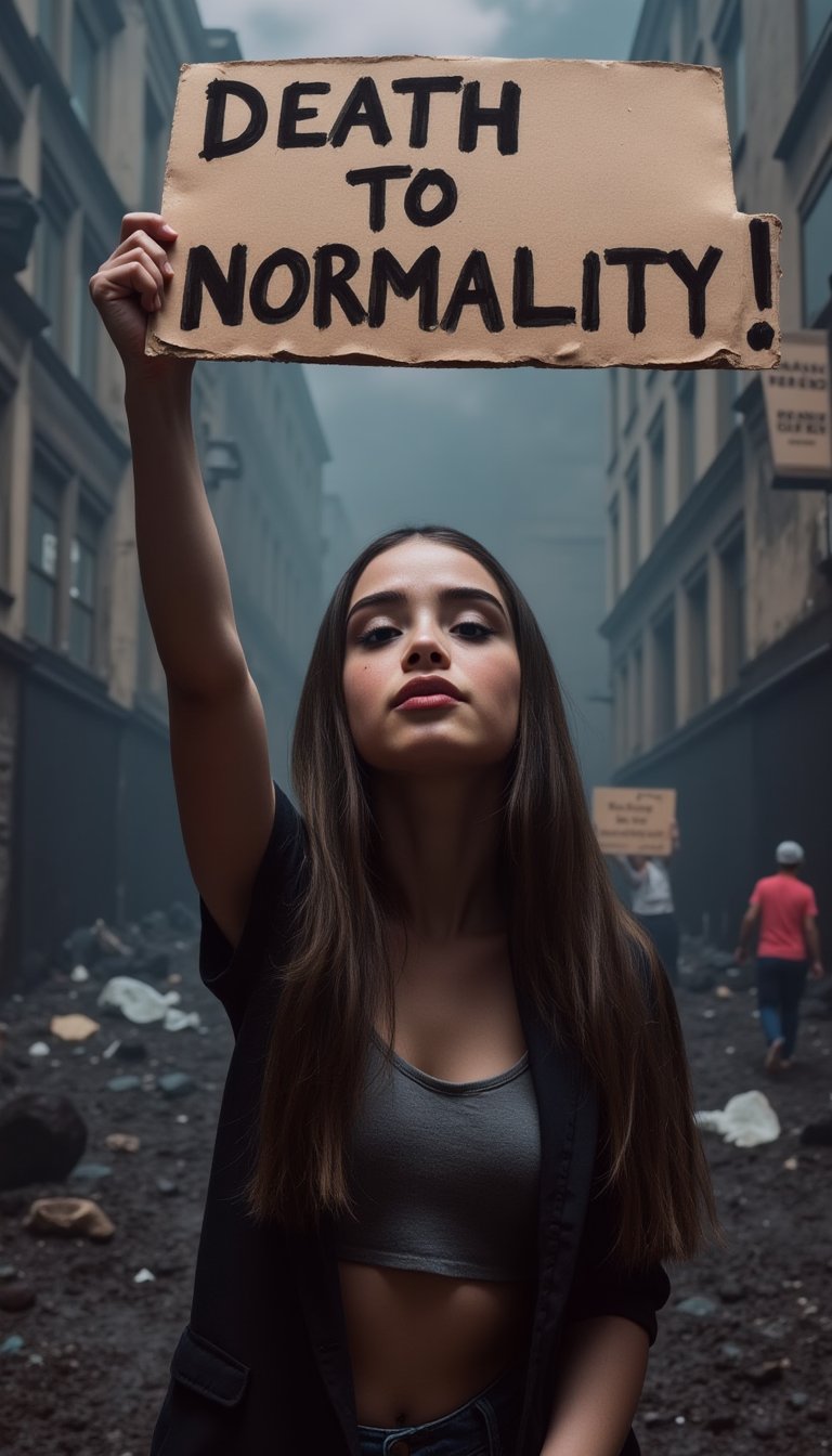 Even as her whole body sinks to the depths of hell, she desperately holds up a placard with one hand. The placard reads, "DEATH TO NORMALITY!",johaneli