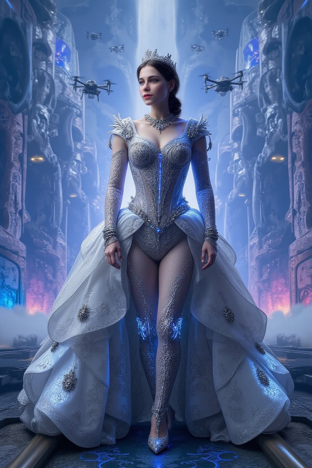 A futuristic princess from a technologically advanced kingdom, dressed in a glamorous gown that combines futuristic materials like silver mesh and transparent fabric with royal ornamentation. Her attire glows with neon lights and has intricate patterns like circuit boards. Behind her is a grand futuristic palace made of glass and metal, with hovering platforms, glowing windows, and a sky full of drones and sleek flying vehicles. The palace and surrounding area are illuminated by a soft blue and purple glow. gilliany, FuturEvoLabElegant
