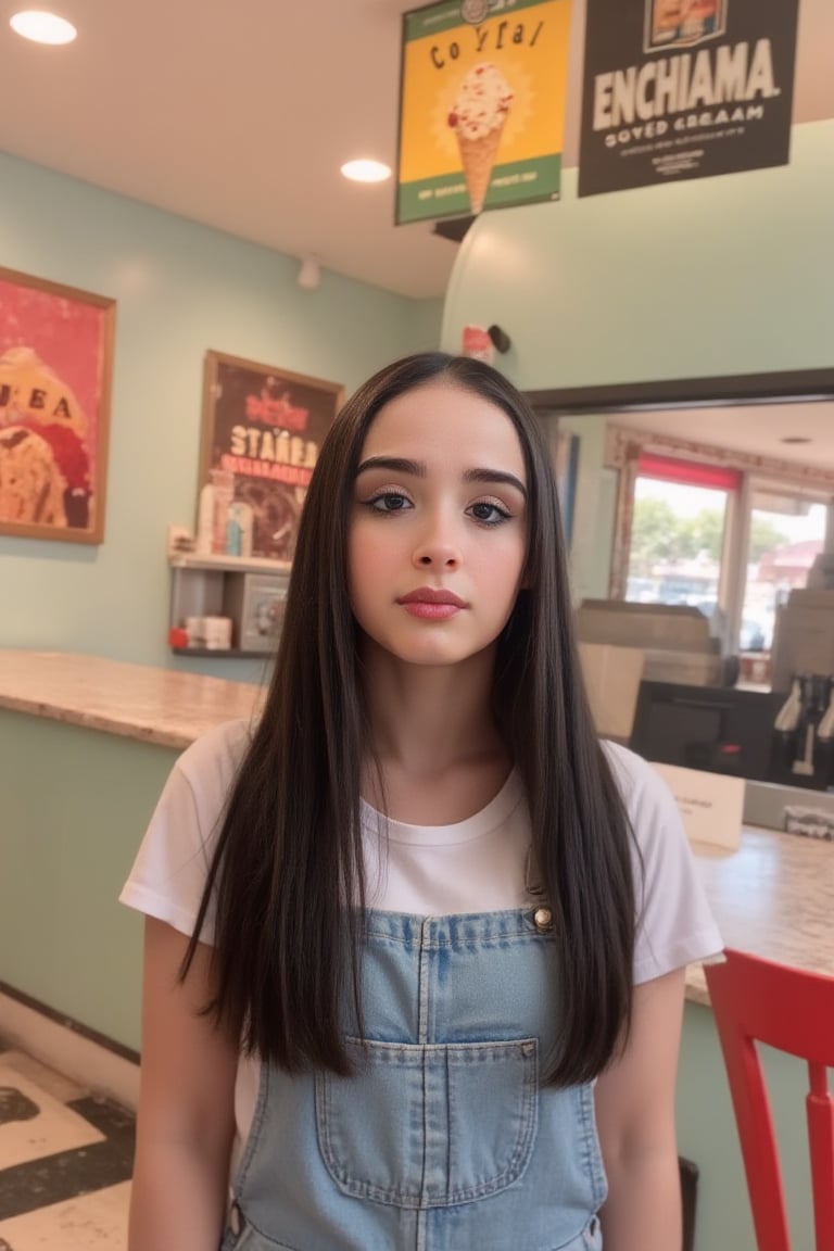 Portrait MagMix Girl look at camera, long black hair, Overalls, Retro ice cream parlor with pastel-colored walls, a classic soda fountain counter, and vintage ice cream posters, bathed in warm sunlight, analog film photo, Kodachrome. johaneli