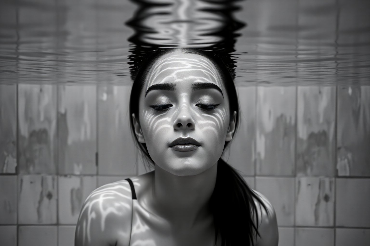 Black and White photo. Closeup shot of a serene and artistic underwater scene featuring a woman (johaneli, black hair) partially submerged in water. The water surface gently ripples above her head, creating intricate patterns of light and shadow on her face and body. Her eyes are closed, and her expression is peaceful and contemplative. The background is a tiled surface, blurred by the water, adding a sense of calm and isolation to the scene. The overall color palette is muted, with soft grayscale tones that enhance the tranquil, reflective atmosphere. The image captures the ethereal beauty of light and water interacting with human form, evoking a sense of introspection and quietude.