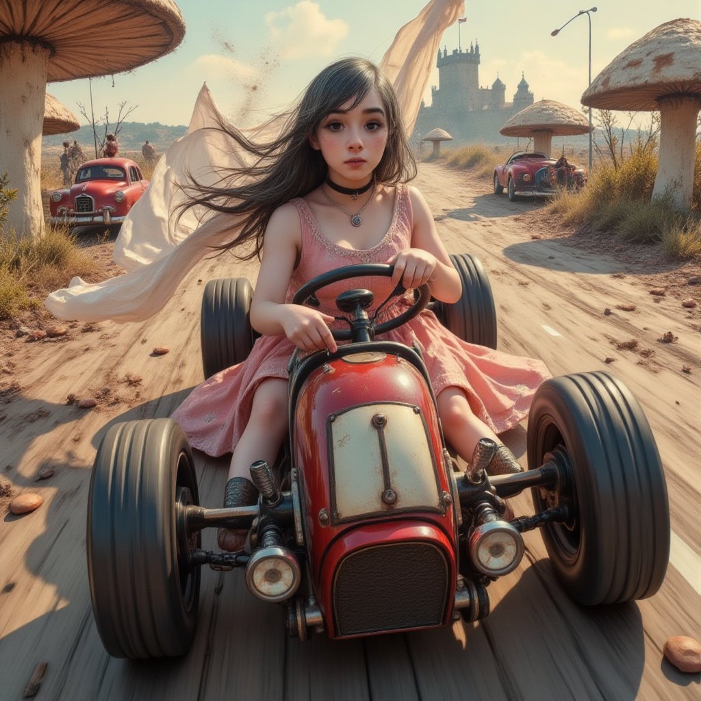 Hasselblad X1D II 50C, cinematic lighting, high contrast, ISO 100, with a 35mm wide-angle lens.
A high-energy, live-action videogame scene of a woman (johaneli, black hair) in the middle of a high-speed chase, like mariokart. She is wearing a victorian pink dress with a white scarf billowing behind her in the wind, as she sneers with delight, gripping the wheel of her souped-up, steampunk-style race kart. The kart's exaggerated, cartoonish design features oversized wheels, exhaust pipes spewing thick smoke, and various gadgets sticking out, ready for sabotage.

The scene is set on a road surrounded with giant mushrooms on one side and a castle at the other. Behind her, other racers are caught in the chaos, dodging traps and obstacles set by her, like banana peels and red shells. The background blurs from the speed, and the lighting highlights the intense action, with sparks flying and debris scattering as cars crash and swerve around her. The scene captures the humor, action, and chaos of a live-action **Mario Kart**.,emoart