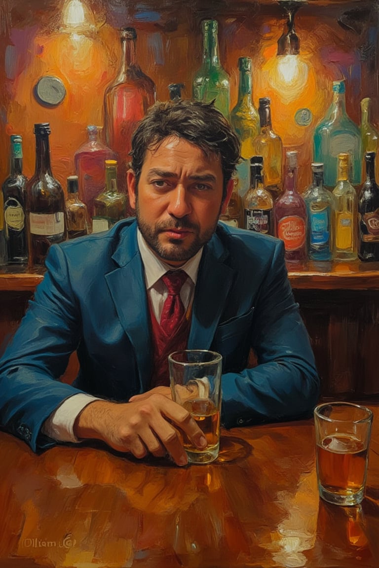 Oil painting of psmoguel, drunk, in a bar,ilaian_maestro