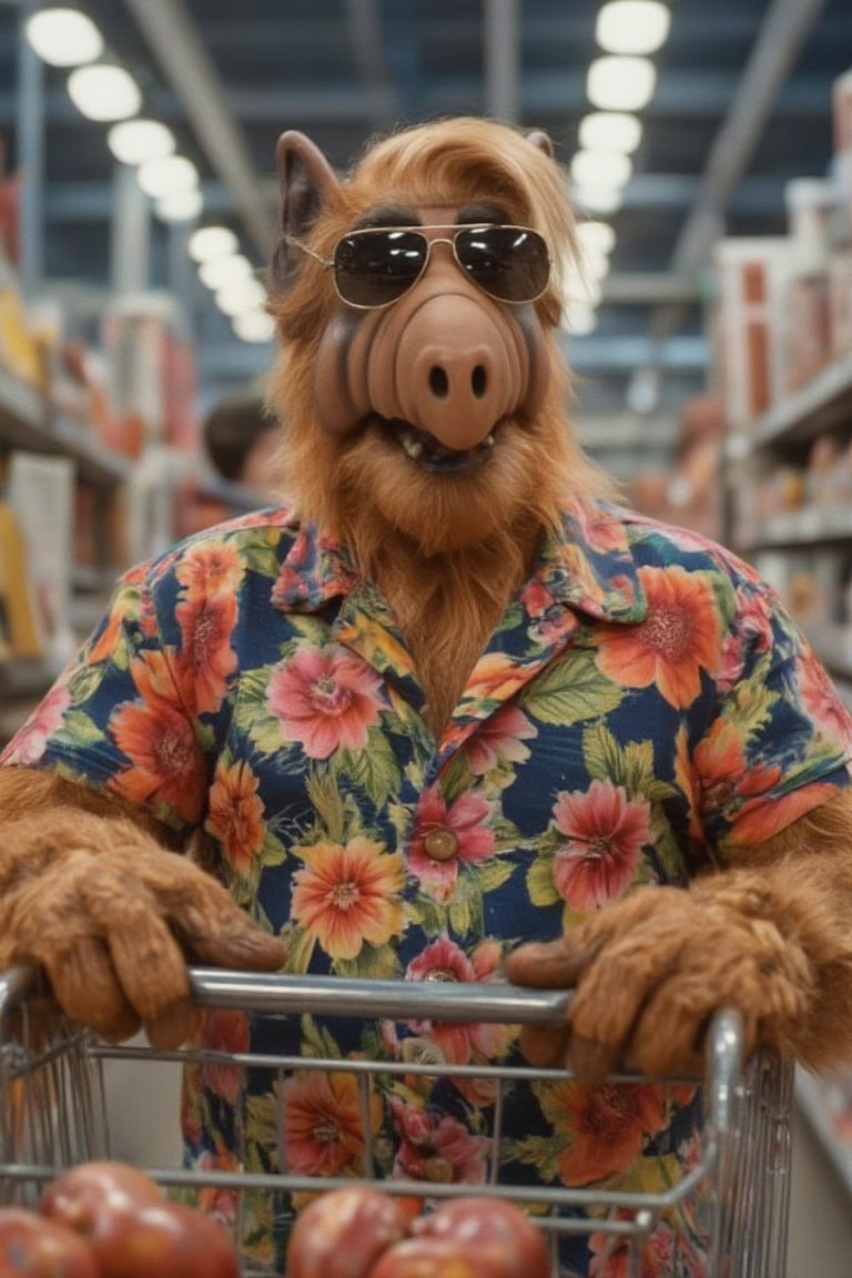 alfalf (wearing sunglasses, hawaiian shirt) in a supermarket, next to a supermarket cart, people in background