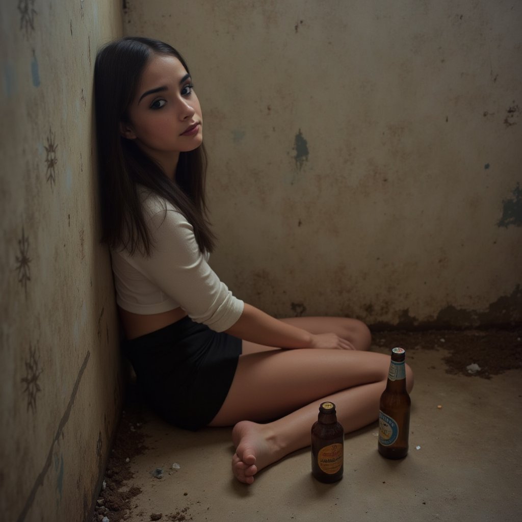 johaneli, black hair, is in a dirty room. She is sitting on the floor, leaning against the wall. On the floor there are cigarette butts and empty beer bottles. She is looking at the viewer. She is wearing a black skirt and a white shirt, barefoot. The scene is depressing and sexy at the same time. Photorealistic. Great photography. Detailed skin. Vintage photography, 1970s photo