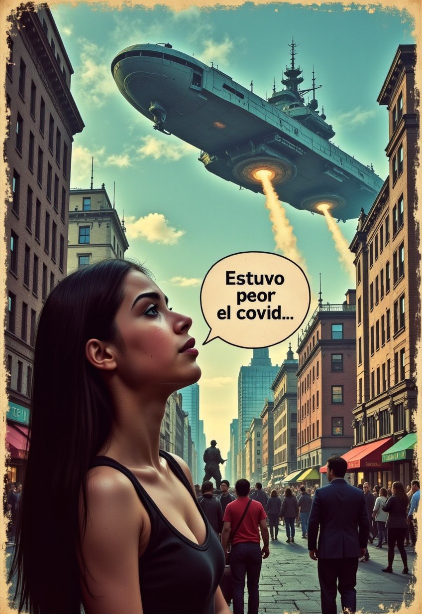   Old, Vintage: 1.2), (SF movie poster: 1.3), ((text bubble, Estuvo peor el covid, subtitles: 1.3)), (a beautiful woman (johaneli, black hair), looks up at the sky in amazement, as she is shocked by a huge spaceship that looks like a battleship that appears in the sky: 1.2), New York, over Manhattan, the people are panicking, (eerie, shadow, gloomy, dark atmosphere: 1.1)