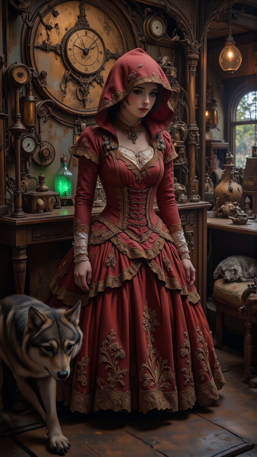 "Little Red Riding Hood in a dark steampunk laboratory, dressed in (gothic Lolita attire), red hood trimmed with lace, brass gears and steam pipes surrounding her, dim lighting with glowing green potion vials, (intricate detailing) on her Victorian-style gown, clockwork wolves lying in the shadows, golden light casting eerie shadows, dramatic angles, anime-inspired design, ((highly detailed)), high contrast, vibrant tones",zahan,Cosplay .,Enhanced all,emoart,Steampunk Apparel johaneli, black hair