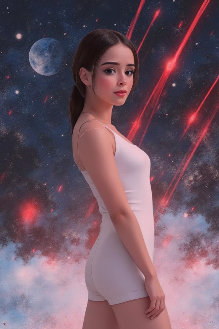 aesthetic,
chromatic aberration, sineprin,johaneli, black hair, black eyes, looking at viewer, misty background with falling comets, starry sky background, red highlights, white dress with magical effects, upper body, ponytail, closed lips, slender, dynamic pose, emphasized meteor shower, shooting stars in the sky,

lightweight design, intricate details, legendofnerd style, BREAK abstract structure on background, 

colored pencil, sketch, painting, paper texture,art_solyanka,SKP-highly detailed,SamYoung_Illustration