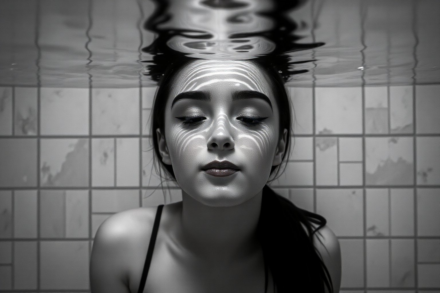 Black and White photo. Closeup shot of a serene and artistic underwater scene featuring a woman (johaneli, black hair) partially submerged in water. The water surface gently ripples above her head, creating intricate patterns of light and shadow on her face and body. Her eyes are closed, and her expression is peaceful and contemplative. The background is a tiled surface, blurred by the water, adding a sense of calm and isolation to the scene. The overall color palette is muted, with soft grayscale tones that enhance the tranquil, reflective atmosphere. The image captures the ethereal beauty of light and water interacting with human form, evoking a sense of introspection and quietude.