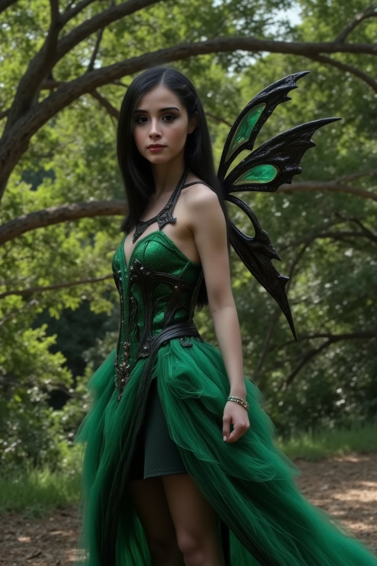  A stunning beautiful perfect fairy female, with black hair and a dress of green, Hayv Kahrama style