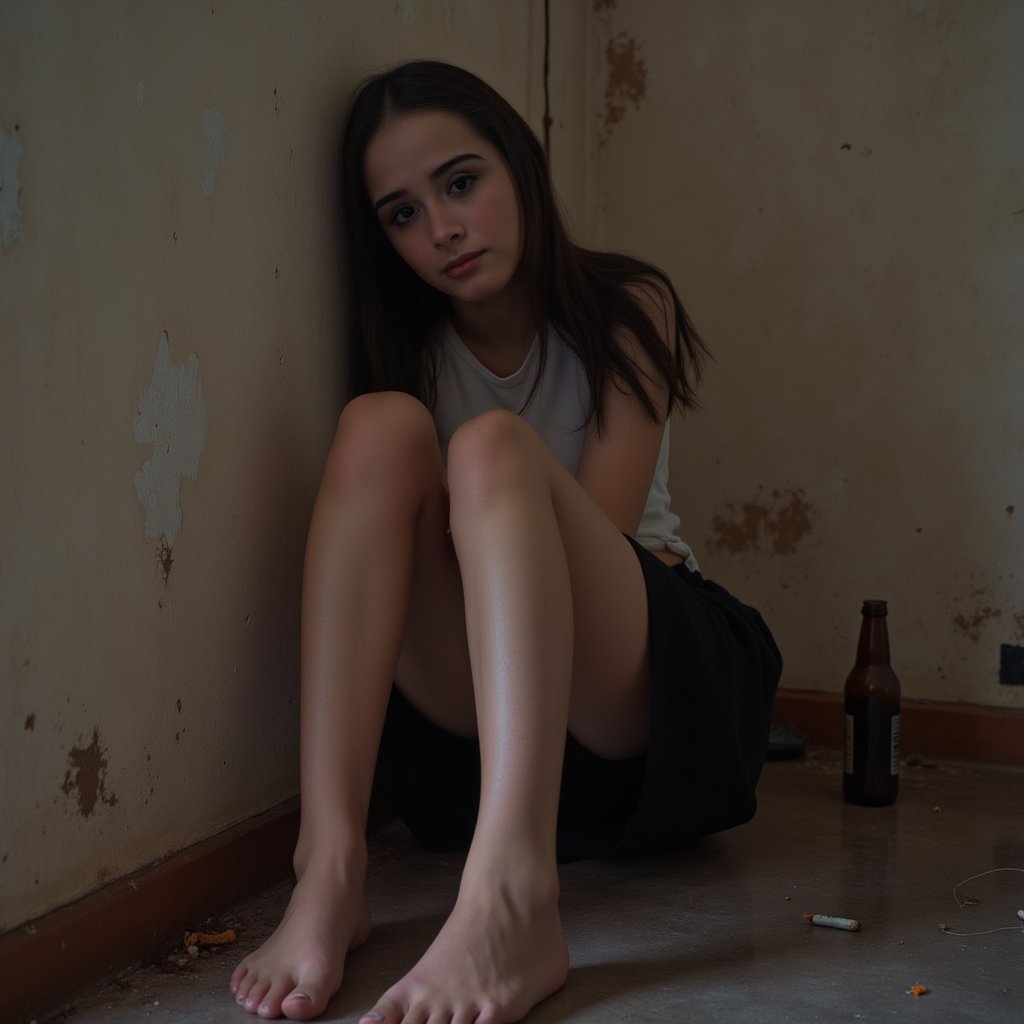 johaneli, black hair, is in a dirty room. She is sitting on the floor, leaning against the wall. On the floor there are cigarette butts and empty beer bottles. She is looking at the viewer. She is wearing a black skirt and a white shirt, barefoot. The scene is depressing and sexy at the same time. Photorealistic. Great photography. Detailed skin.