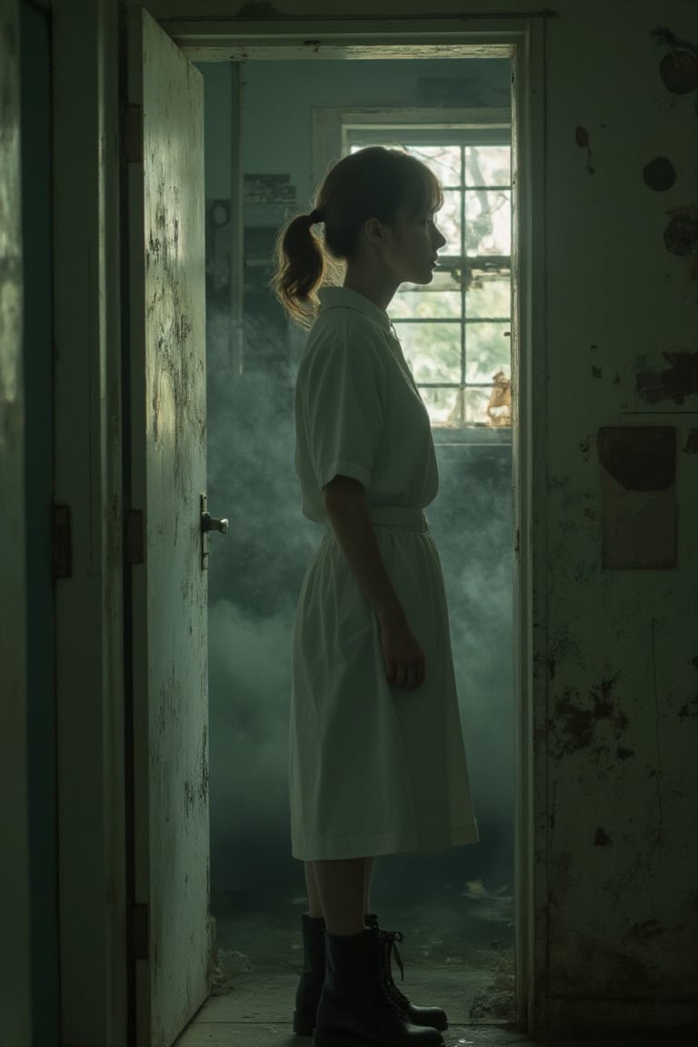 A DSLR-quality, highly detailed photo of a woman (evamos) wearing psychiatric hospital clothes, in a dirty, abandoned psychiatric hospital. Cinematic lighting creates dramatic shadows and highlights, enhancing the eerie atmosphere. Beautiful atmospheric light filters through the bars, adding a surreal, haunting quality to the scene. Bad vibes, dark, oscure, scary