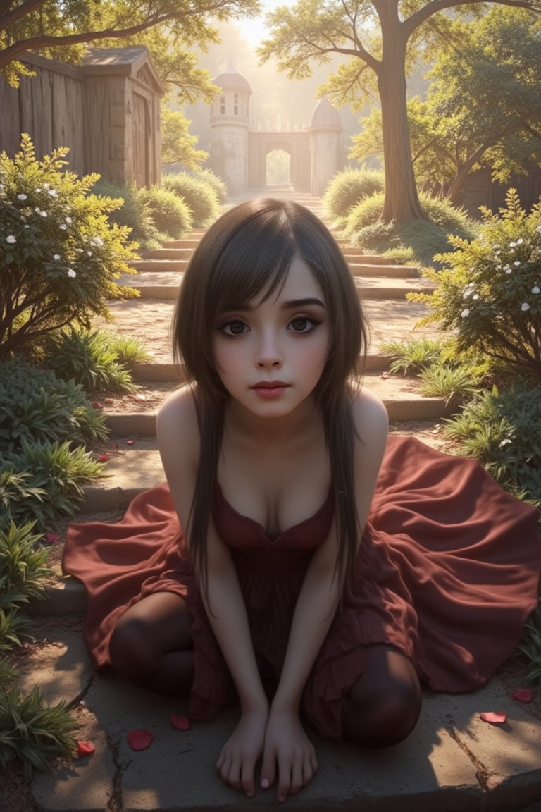 johaneli, black hair, sit on ground, (look up), (beautiful face:1.2), photorealistic, (looking at viewer), camera view from above, high angle, castle background, garden, flowers, flower surround, medieval, fantasy, devil may cry, final fantasy, sun light, ambient light, artistic, cinematic angle, wide flared dress, romantic, petals on the ground, feather flying, angel wings, bow head, emotional face, close eyes, choker, necklace, shoulder armor,