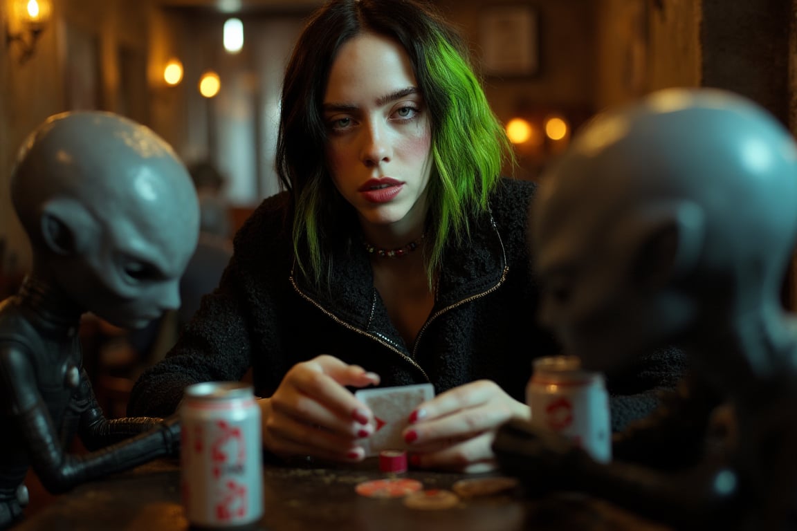 Ultra realistic analog photo, depth of field, cinematic movie still, Billie Eilish (black hair, neon green hair root) playing poker with small grey big-headed aliens who are drinking cans of beer in an old dark village bar. 