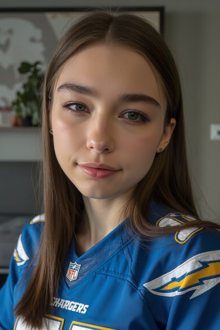  This image is a highly detailed, realistic portrait photography of evamos (woman), (medium shot), wearing a XL Los Angeles Chargers jersey.