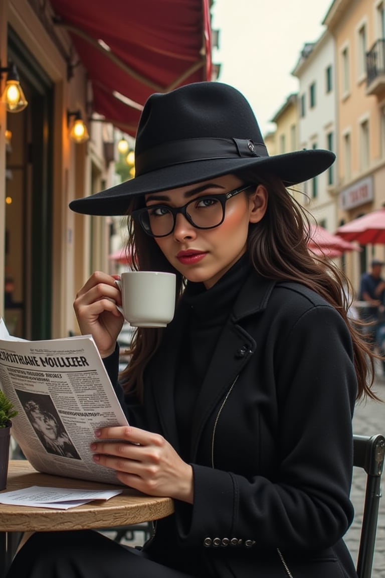 illustration, cartoon, anime, manga, drawing, 
A mysterious woman (emely) in a wide-brimmed hat and dark glasses sits in a street cafe, sipping coffee. She is reading a newspaper, but her eyes occasionally glance out onto the street, as if she is waiting for someone. Her posture is elegant, but her presence is enigmatic.

 

  