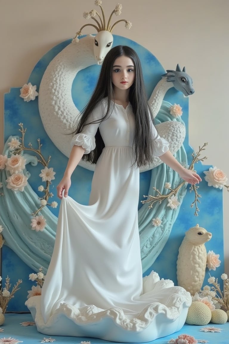 A mysterious spy, in the style of delicate porcelain sculpting, elegant figures, timeless fashion, exquisite, made of mythical creatures, flowing forms, pastel-toned toning, Oliver Jeffers, surreal background,johaneli, black hair,Fantasy detailers,Blue and white porcelain style,Fantasy detailers 