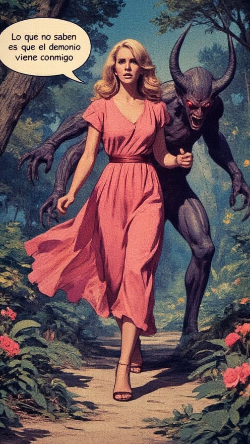 (by Loish, Leyendecker, James Gilleard), lanadelrey scared women, pink dress, running away from a demon, 1970s theme and color pallete, summer, night, retro futuristic, forest background. A text bubble says: "Lo que no saben es que el demonio viene conmigo"