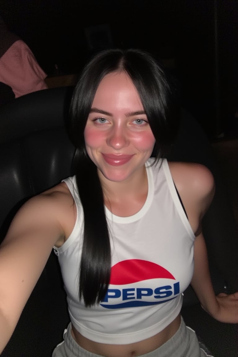  (Billie Eilish, busty streamer, ponytail, black hair, smiling, she's wearing a white tight sleeveless croptop with retro Pepsi logo printed, wearing baggy pants),
(selfie pose, close up view, from above, looking at the camera), 
(instagram image looking,  low light, noise, grain,jpeg artifacts, night,A low-quality 2015)