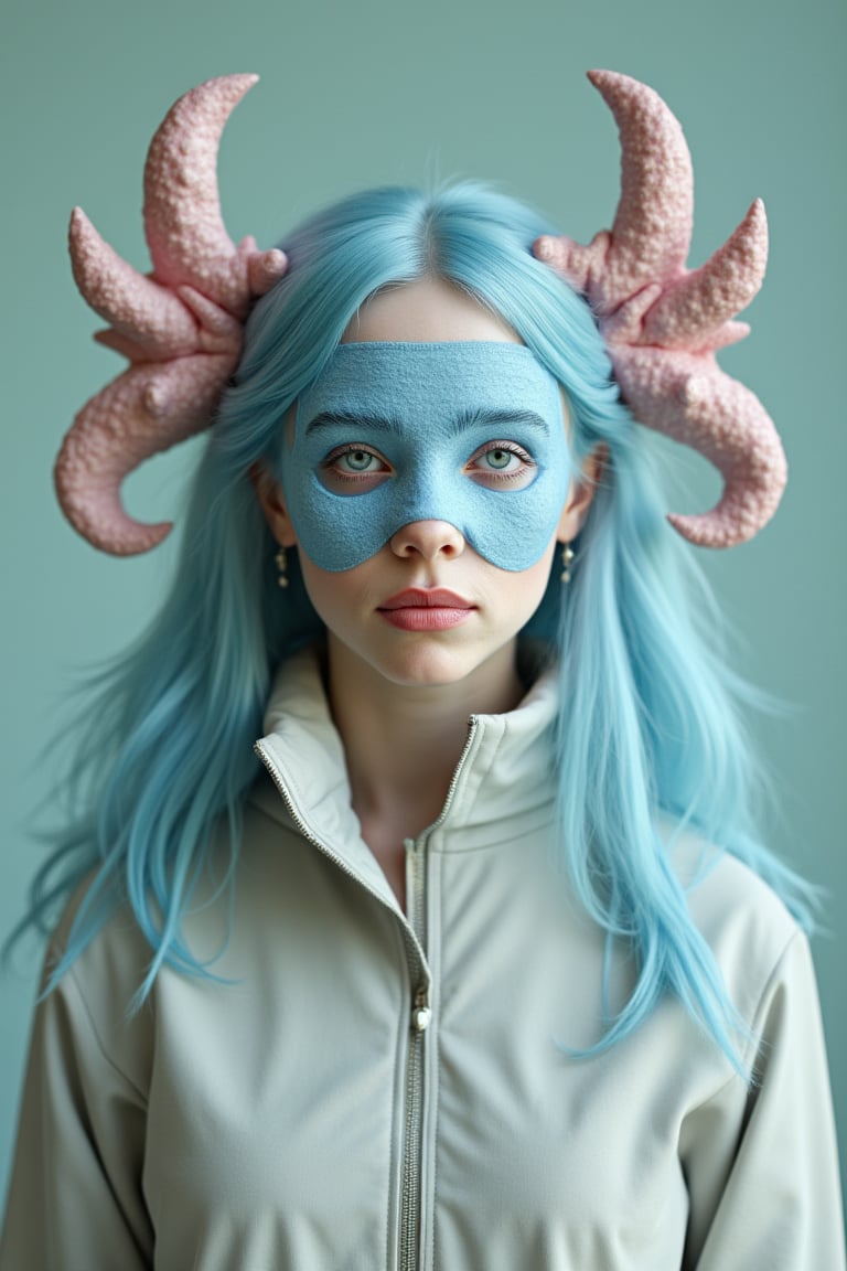 A mysterious spy with subtle blue camouflage on her face, in the style of delicate porcelain sculpting, elegant figures, timeless fashion, exquisite, made of mythical creatures, flowing forms, pastel-toned toning, Oliver Jeffers, surreal background

Billie Eilish