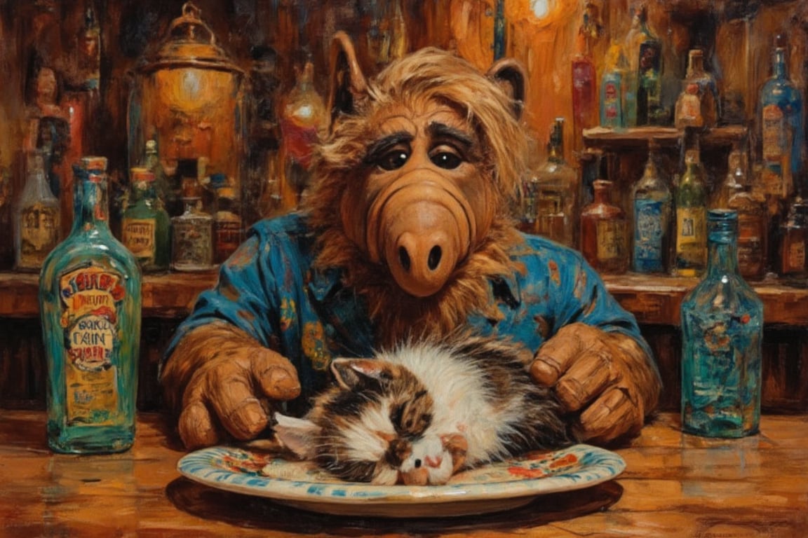 Oil painting of a plate with a sleepy kitten on it, in a bar, alfalf looking at the plate. ilaian_maestro