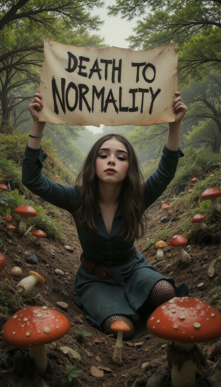 On a forest full of mushrooms and funny friendly monsters, a woman, beautiful face, desperately holds up a placard with one hand. The placard reads, "DEATH TO NORMALITY!",johaneli,assassinkahb style,Fantasy detailers,Midjourney_Whisper,Fantasy detailers,emoart,Fantasy detailers 