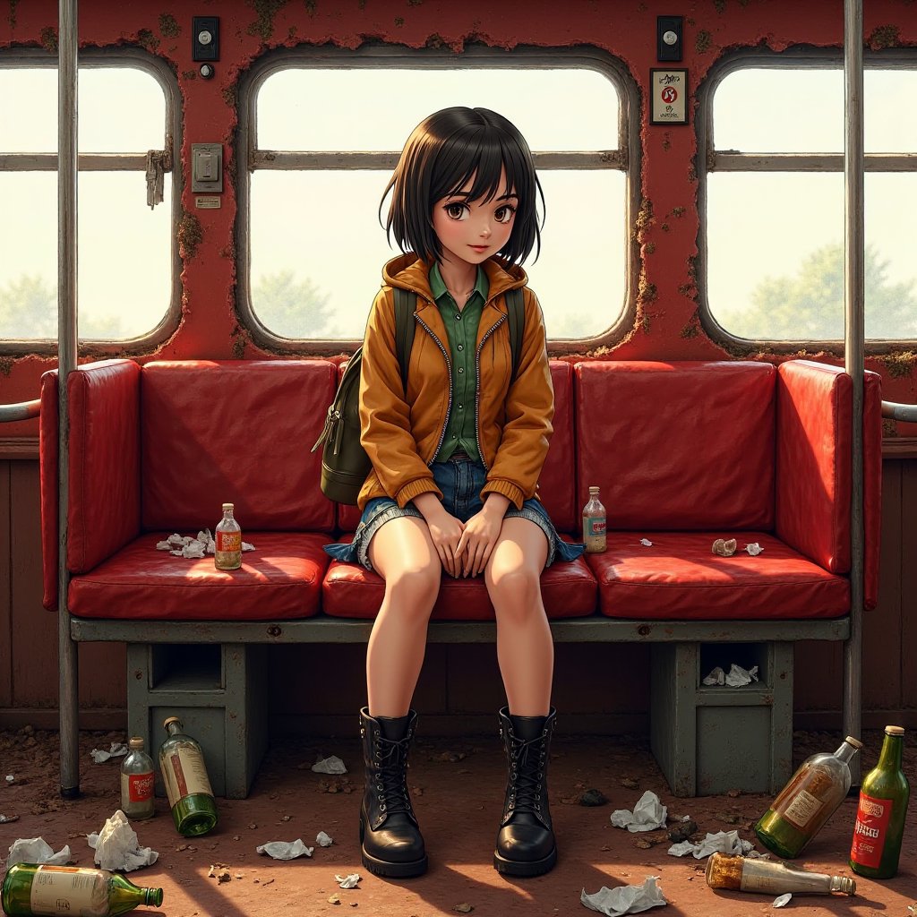 Anime style by Masamune Shirow. lilyco (short black hair), sitting on train, red interior, rust, garbage on the floor, broken bottles.  She wear a backpack and hicking boots.