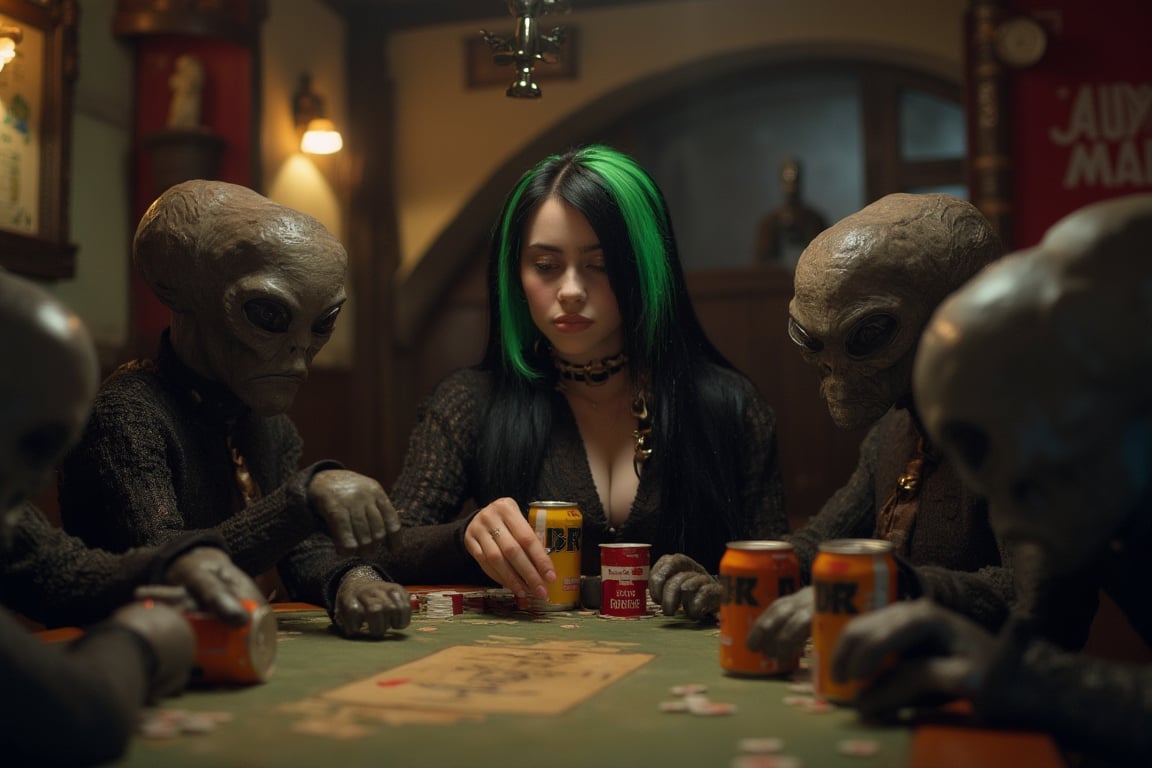 Ultra realistic analog photo, depth of field, cinematic movie still, Billie Eilish (black hair, neon green hair root) playing poker with small grey big-headed aliens who are drinking cans of beer in an old dark village bar. 