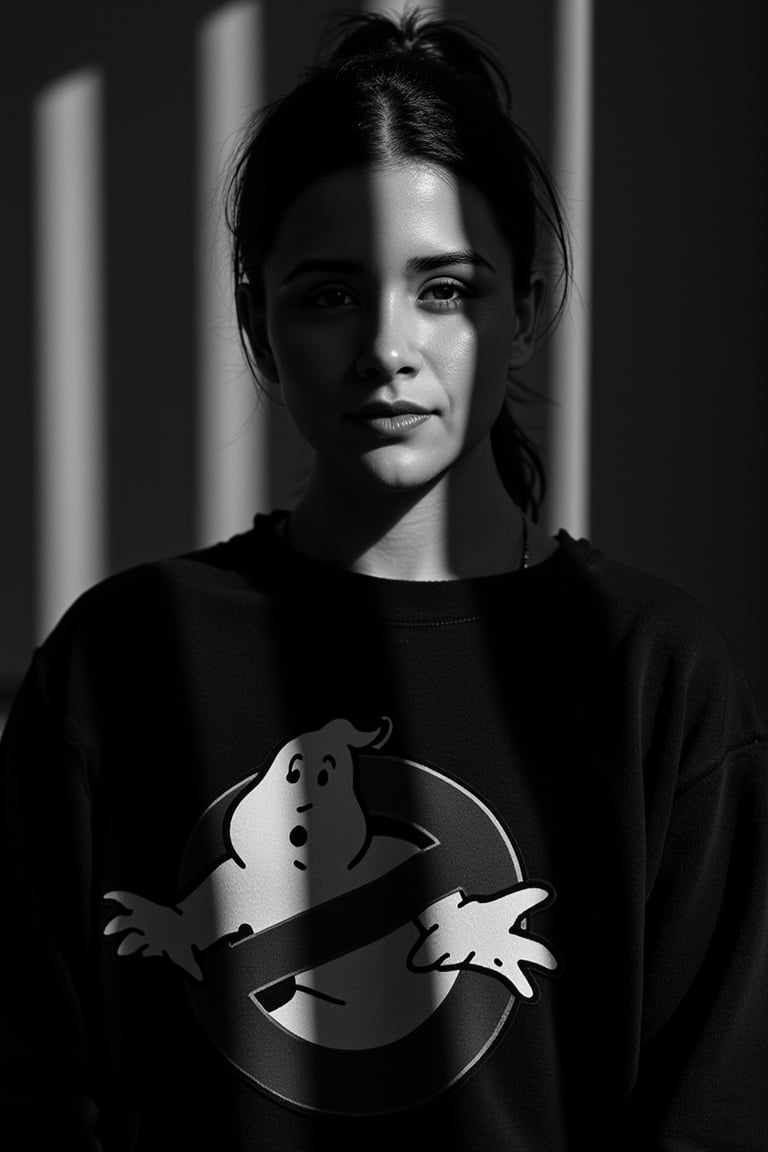 A striking black and white portrait photograph of a woman (emely). The dramatic lighting casts deep shadows across their face and body, creating a captivating striped pattern. The subject is wearing a large black sweatshirt with a big Ghostbusters logo on it. the lighting accentuates the facial contours and the unique texture of their hair. The background features vertical lines that complement the overall striped effect, making for a powerful and artistic portrait., portrait photography