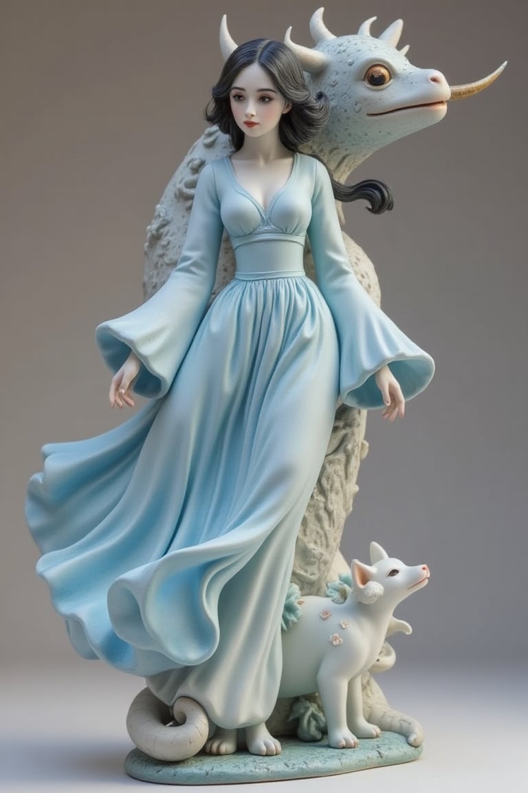 A mysterious spy, in the style of delicate porcelain sculpting, elegant figures, timeless fashion, exquisite, made of mythical creatures, flowing forms, pastel-toned toning, Oliver Jeffers, surreal background,johaneli, black hair,Fantasy detailers,Blue and white porcelain style,Fantasy detailers 